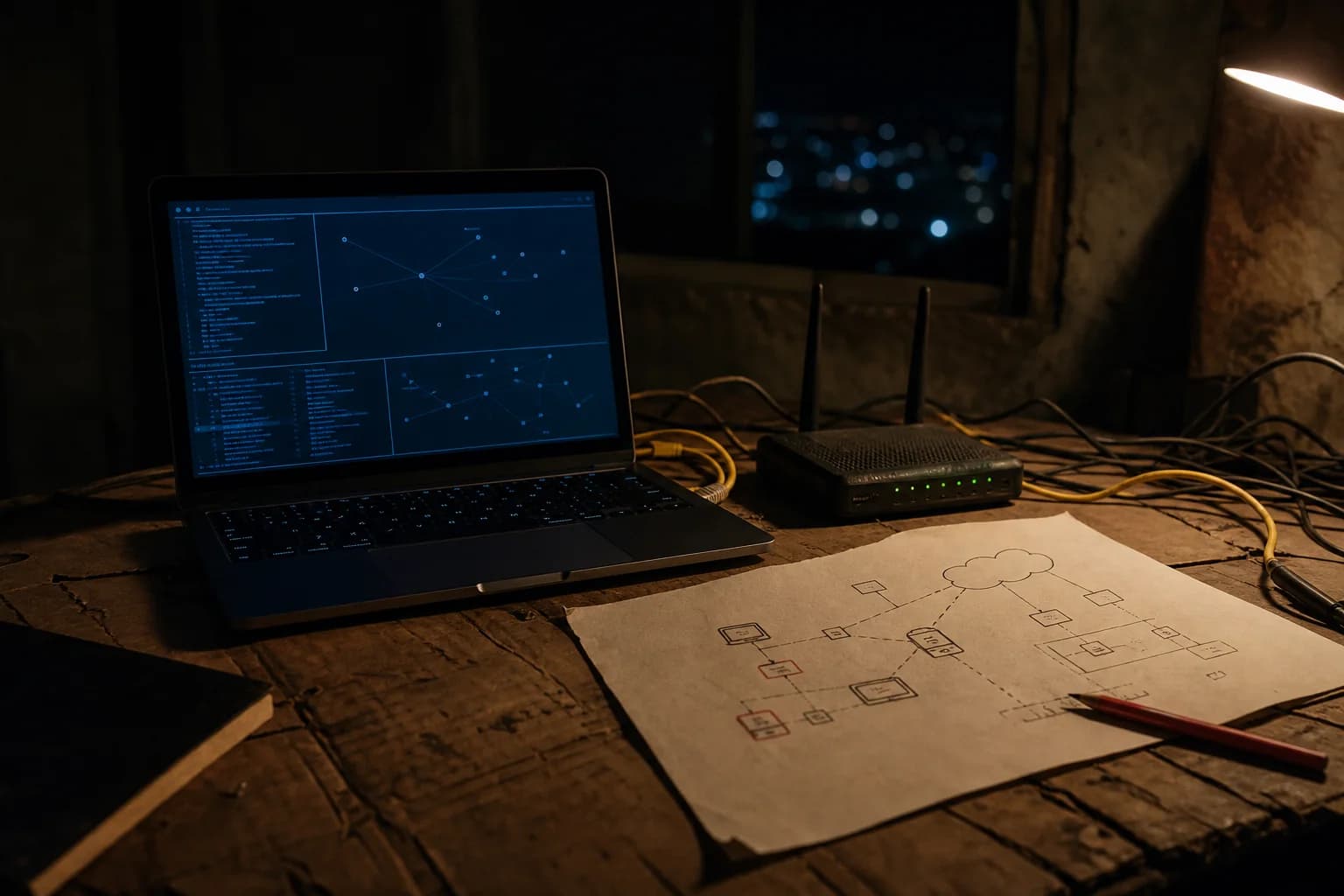 An empty night desk with a laptop, router, network cables and a hand-drawn topology.